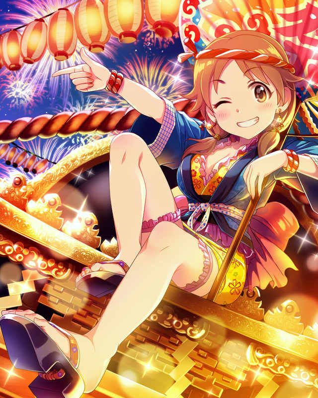 :d ;d artist_request earrings fireworks grin idolmaster idolmaster_cinderella_girls japanese_clothes jewelry katagiri_sanae official_art one_eye_closed open_mouth sandals smile solo twintails