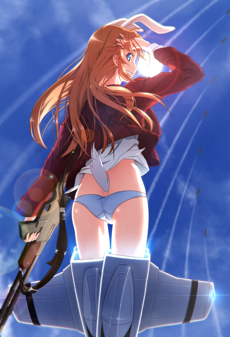 adjusting_hair animal_ears blue_eyes bunny_ears charlotte_e_yeager gun long_hair looking_at_viewer m-ya military military_uniform orange_hair panties shiny shiny_skin smile solo strike_witches sun tail underwear uniform weapon world_witches_series