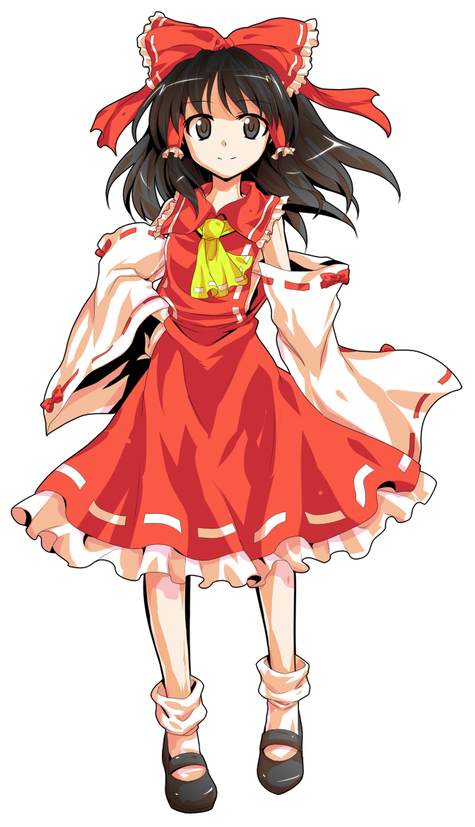 alphes_(style) ascot black_eyes black_hair dairi detached_sleeves dress full_body hair_ornament hair_tubes hakurei_reimu hand_on_hip long_hair long_sleeves looking_at_viewer parody red_dress smile solo style_parody touhou transparent_background wide_sleeves