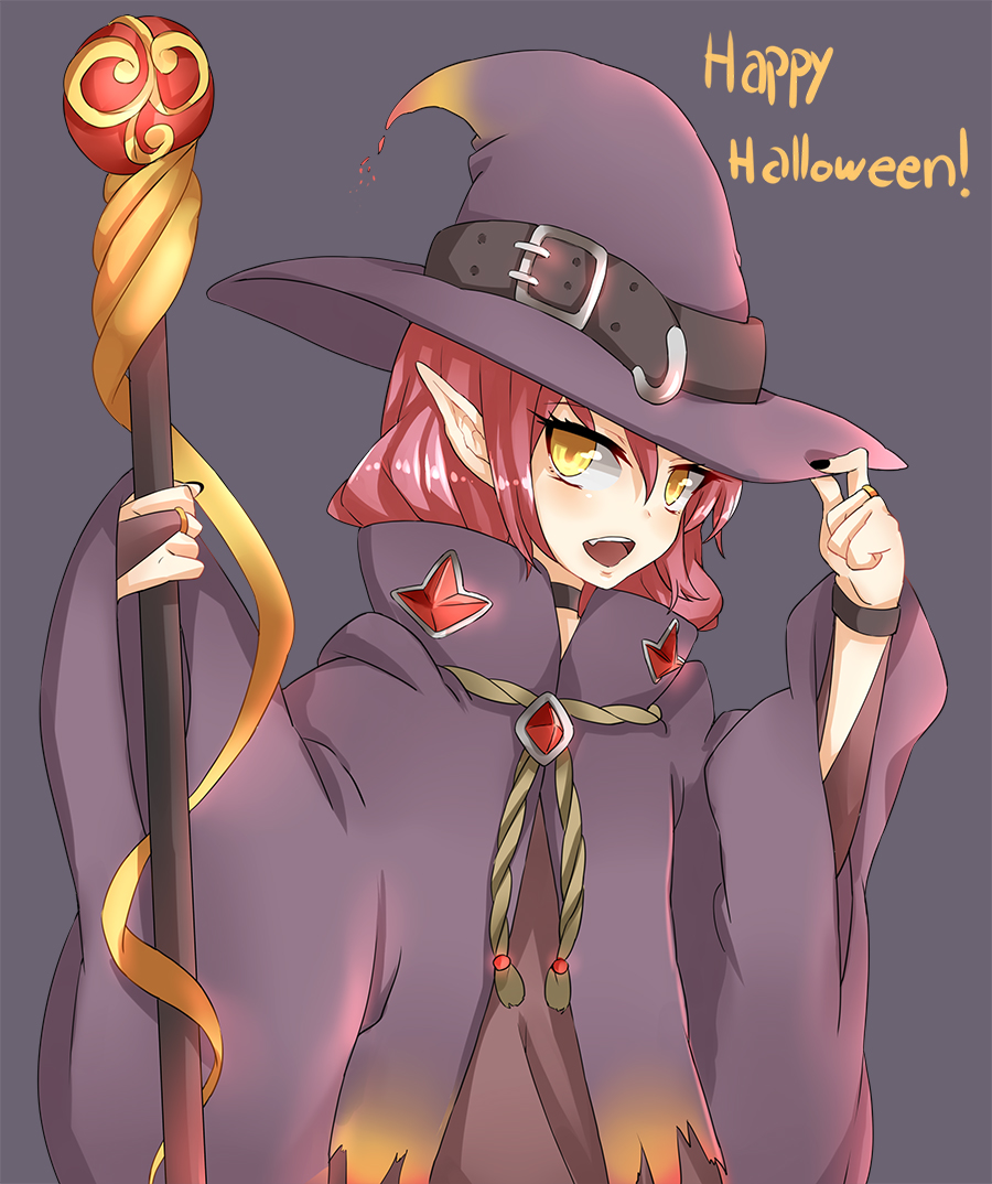 black_nails bridal_gauntlets choker enki_(dragonfire) fang halloween halloween_costume happy_halloween hat jewelry long_hair nail_polish open_mouth pink_hair pointy_ears ring simple_background solo staff witch witch_hat wristband yellow_eyes