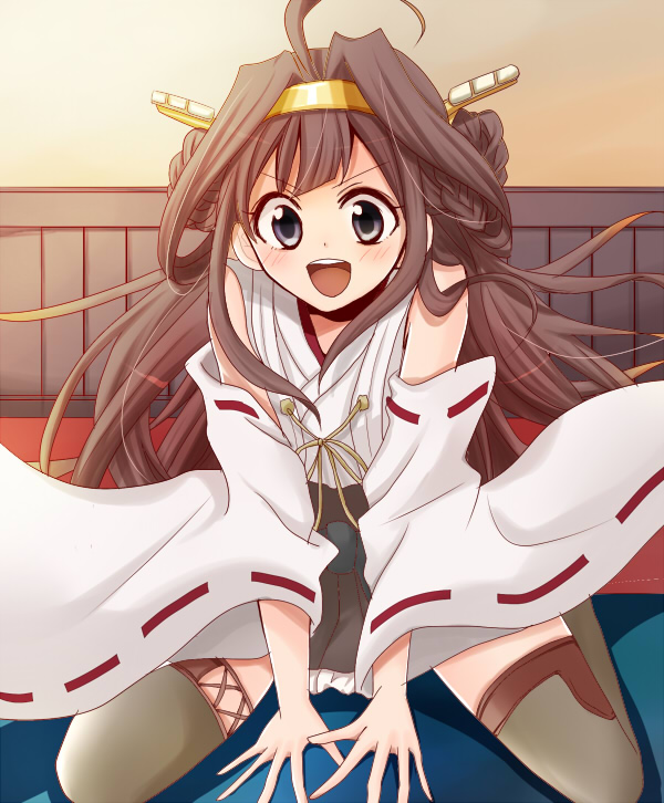 bare_shoulders black_legwear blush boots brown_hair detached_sleeves double_bun hair_ornament hairband headgear japanese_clothes kantai_collection kongou_(kantai_collection) long_hair nontraditional_miko open_mouth ryokka sitting skirt smile solo tatami thigh_boots thighhighs wainscoting wariza