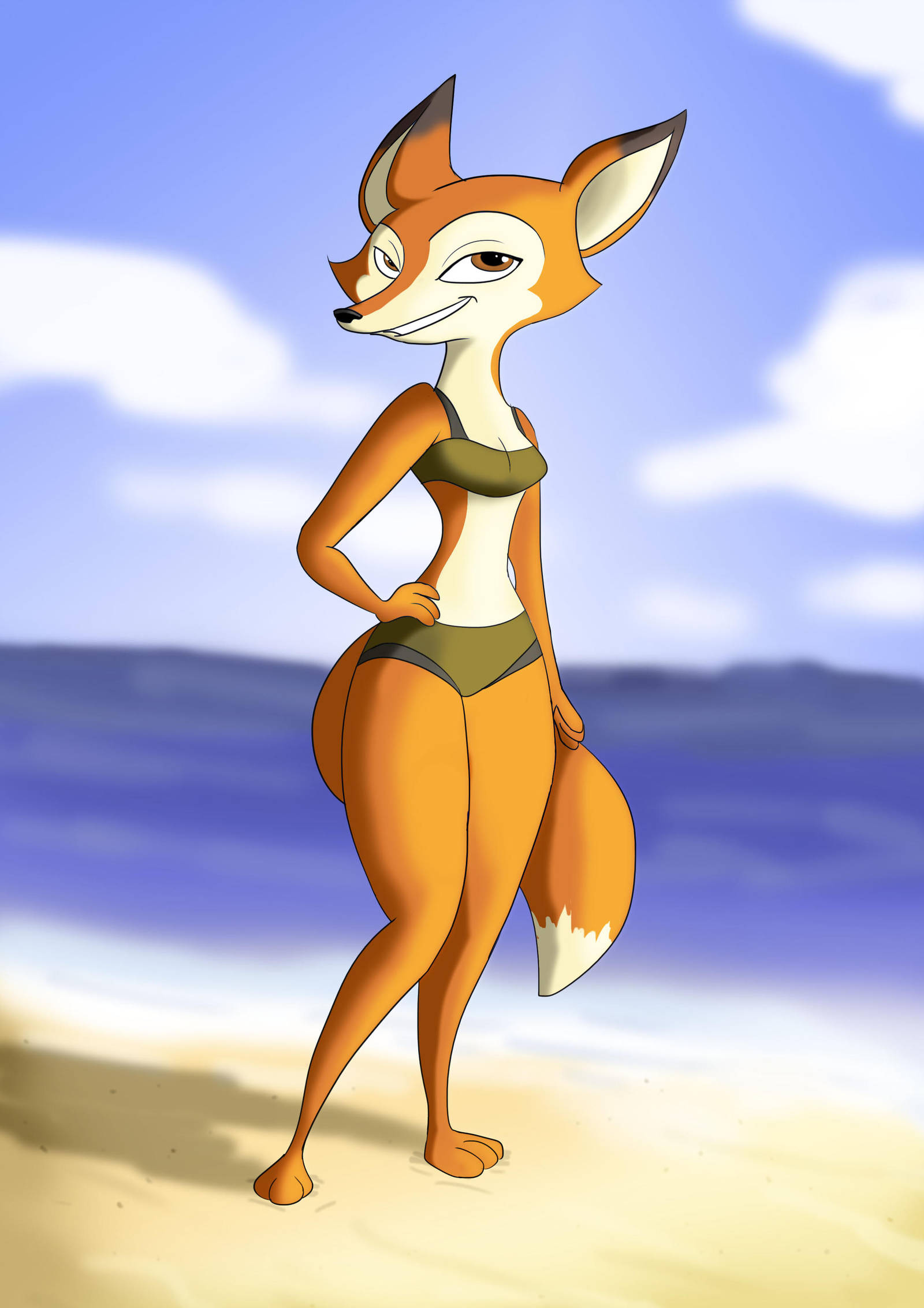 2018 anthro beach bikini breakoutclub breasts canid canine clothing female fox fur mammal orange_fur sea seaside smile spark_a_space_tail_(film) swimsuit vix vix_(spark) water