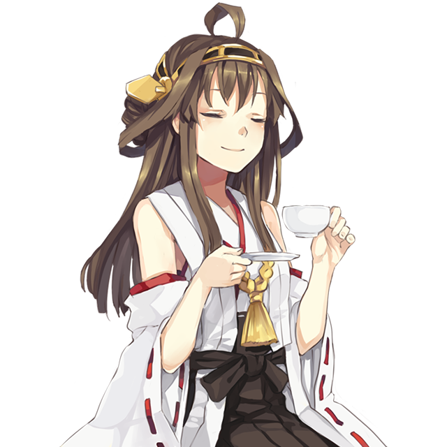 ahoge blush brown_hair closed_eyes cup detached_sleeves double_bun hairband hao_(patinnko) japanese_clothes kantai_collection kongou_(kantai_collection) long_hair nontraditional_miko plate ribbon-trimmed_sleeves ribbon_trim smile solo teacup transparent_background wide_sleeves