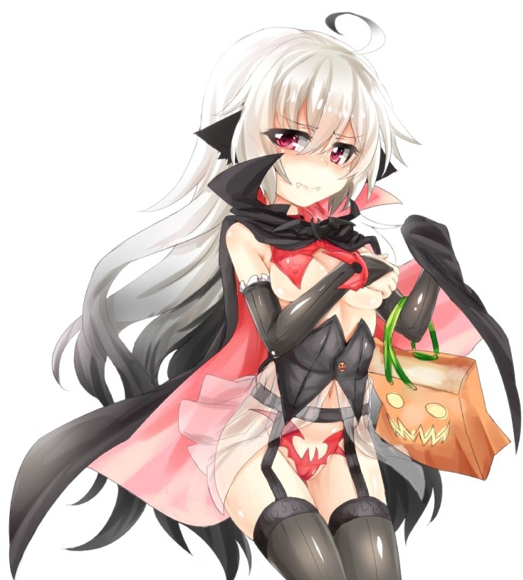black_hair blush cape corset covering covering_breasts elbow_gloves fangs garter_belt gloves gradient_hair halloween long_hair multicolored_hair original red_eyes see-through solo thighhighs two-tone_hair unname very_long_hair white_hair