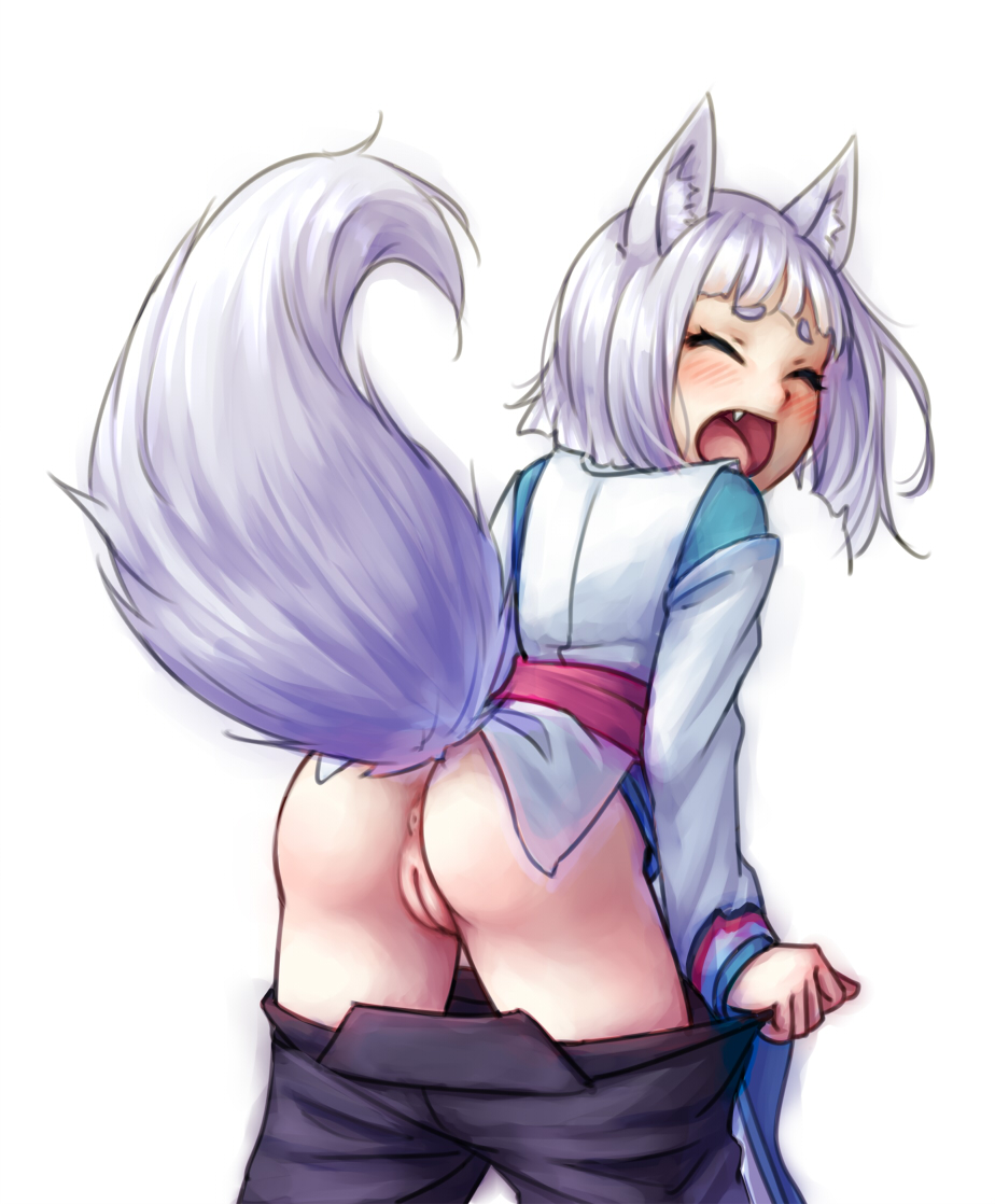 animal_ear_fluff animal_ears anus ass bad_anatomy blush closed_eyes embarrassed fang fox_ears fox_tail from_behind kon_(tokyo_ravens) monorus open_mouth petite pussy short_hair silver_hair solo tail tokyo_ravens white_background
