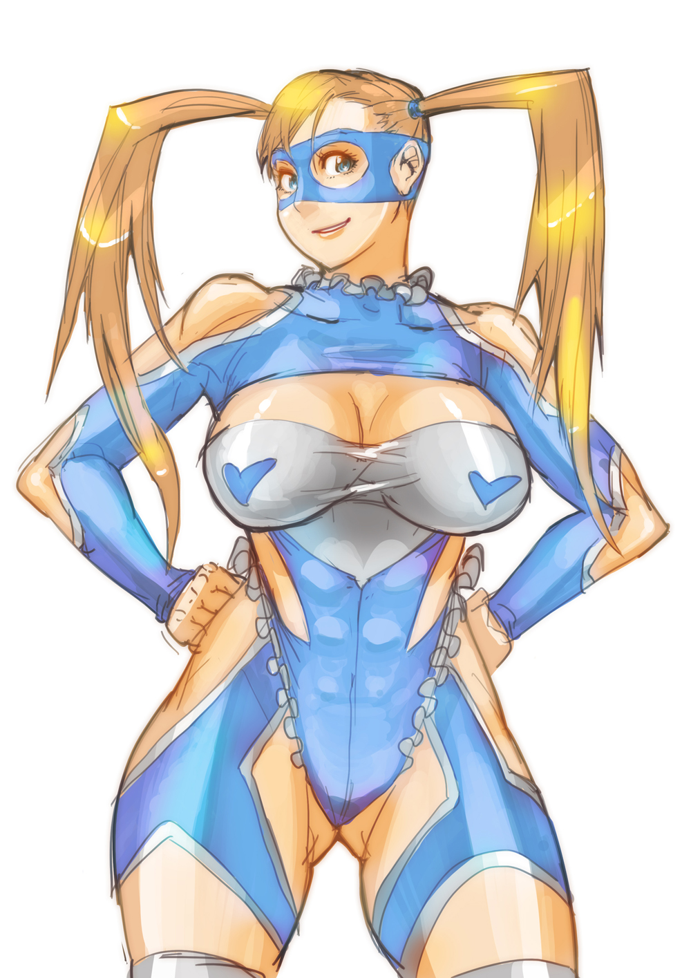 abs bare_shoulders blonde_hair blue_eyes blue_leotard breasts butcherboy cleavage hands_on_hips heart highres knee_pads large_breasts leotard lips long_hair mask rainbow_mika sketch smile solo street_fighter street_fighter_zero_(series) twintails wrestling_mask wrestling_outfit