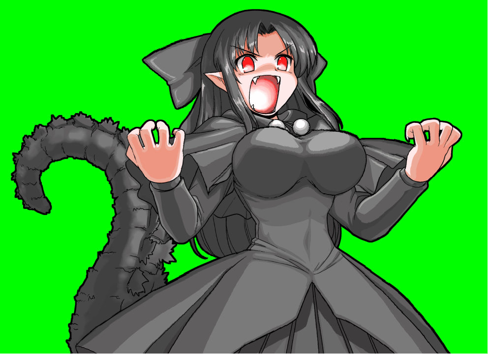 animated animated_gif black_dress black_hair bouncing_breasts bow breasts dress fangs fusion godzilla godzilla_(series) gojiren green_background hair_bow impossible_clothes impossible_shirt large_breasts len long_hair m.u.g.e.n melty_blood mono_(moiky) open_mouth pointy_ears red_eyes shirt simple_background solo source_request tail tsukihime