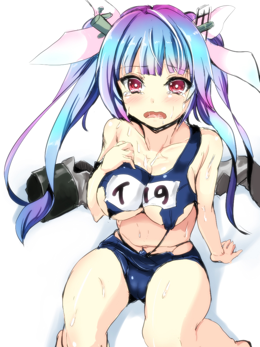 bangs blue_hair blunt_bangs breasts gin'ichi_(akacia) hair_ornament hair_ribbon highres i-19_(kantai_collection) kantai_collection large_breasts long_hair looking_at_viewer multicolored_hair one-piece_swimsuit purple_eyes red_eyes ribbon school_swimsuit simple_background sketch solo swimsuit tears torn_clothes torn_swimsuit twintails two-tone_hair white_background