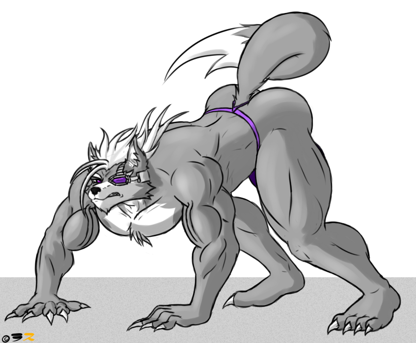 5_fingers abs all_fours anthro ass_up back biceps big_muscles black_nose butt canine chest_tuft claws fur grey_body grey_fur hair long_hair male mammal muscles nintendo pecs pose purple_eyes rath-raholand solo star_fox tail_clothing teeth thong toe_claws toned topless tuft vein video_games white_fur white_hair wolf wolf_o'donnell wolf_o'donnell