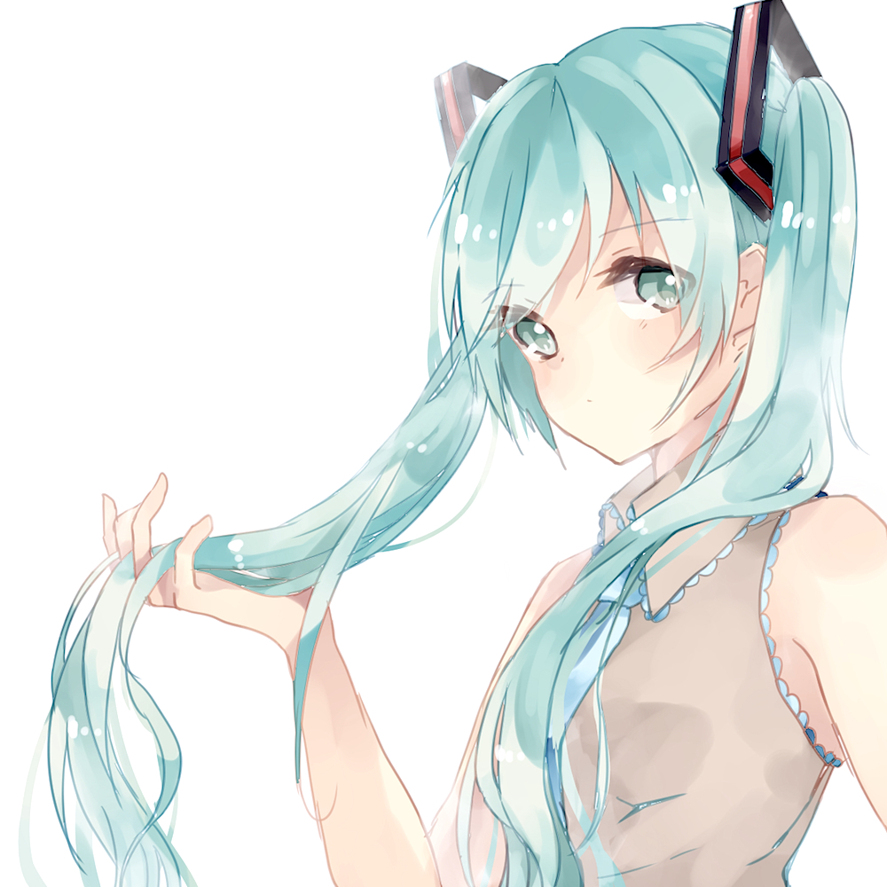 bad_id bad_pixiv_id green_eyes green_hair hair_tousle hatsune_miku hozumi_rino long_hair looking_at_viewer necktie solo twintails vocaloid white_background