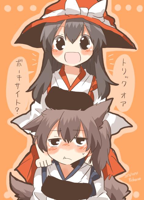 akagi_(kantai_collection) animal_ears bad_id bad_twitter_id black_eyes blush brown_hair fang hat kaga_(kantai_collection) kantai_collection long_hair multiple_girls muneate open_mouth rebecca_(keinelove) ribbon short_hair side_ponytail smile sweat tail translated wolf_ears wolf_tail