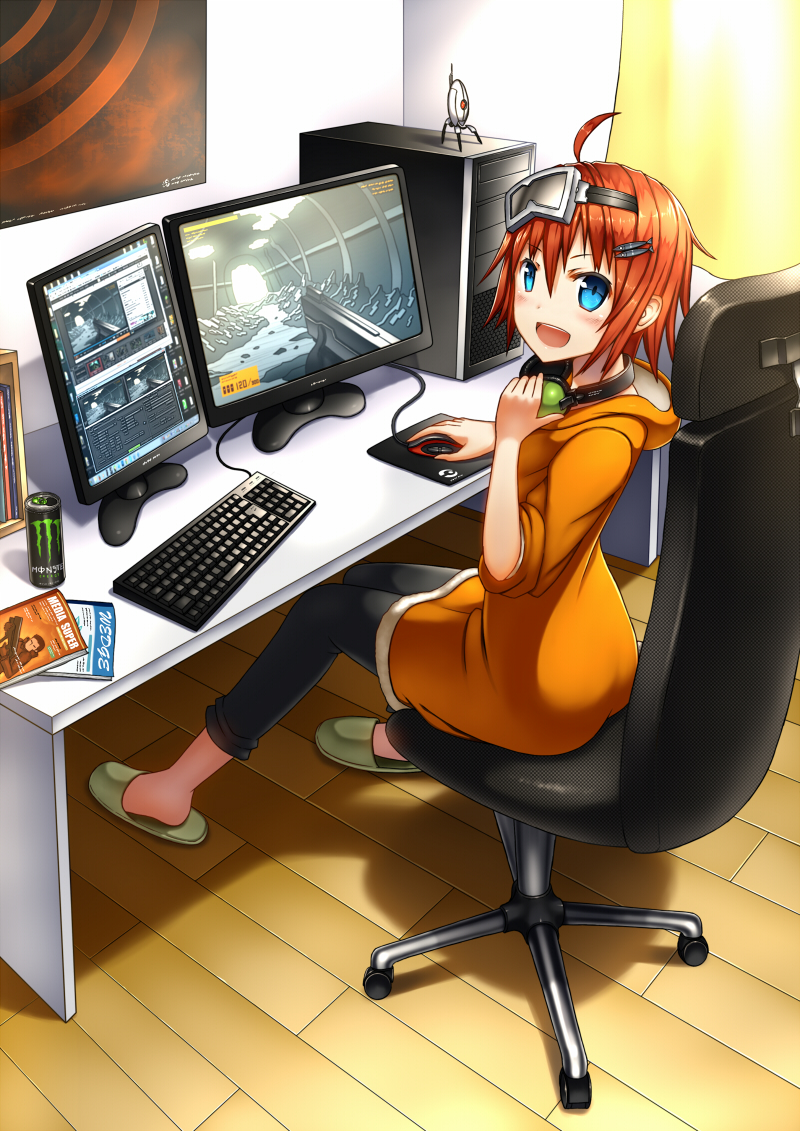 akuko_(arc) blue_eyes blush bookshelf brown_hair computer computer_tower energy_drink gia goggles hair_ornament hairclip headphones headphones_around_neck indoors keyboard_(computer) looking_at_viewer magazine monitor monster_energy mouse_(computer) original portal portal_(series) poster_(object) short_hair sitting slippers smile solo swivel_chair turret_(portal)