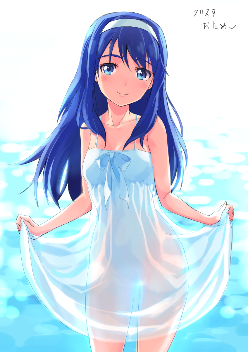 bare_shoulders blue_eyes blue_hair blush dress futaba_aoi_(vividred_operation) hairband highres long_hair looking_at_viewer michairu see-through see-through_silhouette smile solo sundress vividred_operation