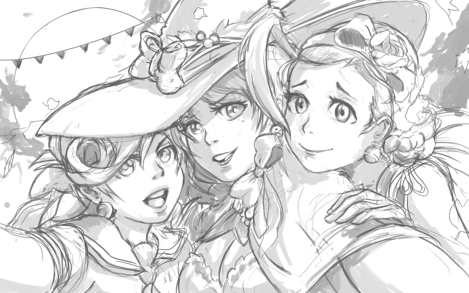 ahoge alan_wansom bliss_barson breasts capelet cleavage cryamore deseret_amoir greyscale halloween halloween_costume hat leaf lipstick makeup medium_breasts mole monochrome moon multiple_girls reaching_out sailor_collar self_shot sketch smile sorbet_la_carelle witch_hat