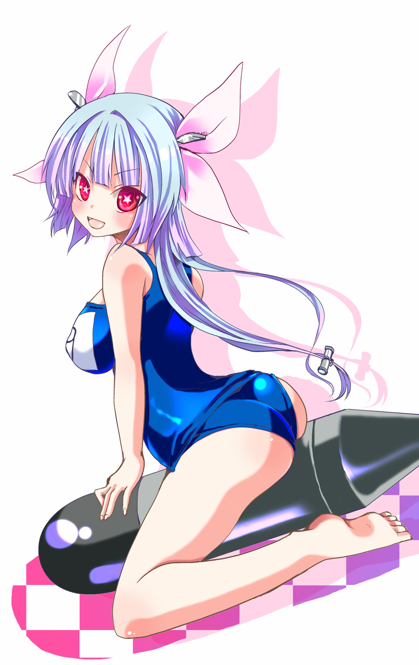 ass bad_id bad_pixiv_id blue_hair breasts hair_ribbon highres i-19_(kantai_collection) kantai_collection large_breasts long_hair looking_at_viewer nachisuke one-piece_swimsuit open_mouth red_eyes ribbon school_swimsuit sitting solo star star-shaped_pupils swimsuit symbol-shaped_pupils torpedo