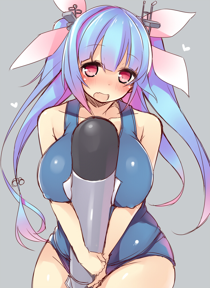 bad_id bad_pixiv_id bare_shoulders between_breasts blue_hair breasts covered_nipples fang hair_ornament hair_ribbon heart holding holding_torpedo i-19_(kantai_collection) kantai_collection large_breasts long_hair looking_at_viewer multicolored_hair nekoume one-piece_swimsuit open_mouth pink_eyes pink_hair ribbon school_swimsuit sketch smile solo swimsuit torpedo two-tone_hair
