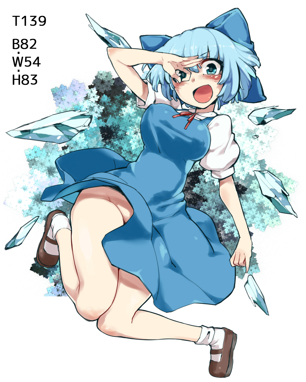 alternate_breast_size bare_legs blue_eyes blue_hair blush bow breasts cirno covered_nipples dress hair_bow highres ice ice_wings kariinu large_breasts mary_janes measurements no_panties older open_mouth shoes short_hair smile solo touhou wings