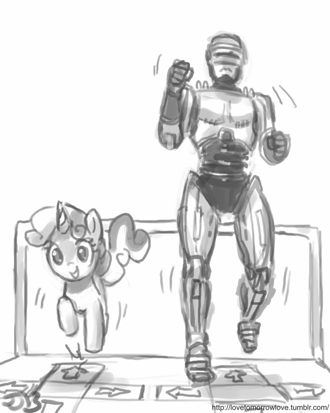 crossover cute dancing ddr equine female feral friendship_is_magic hair horn horse human john_joseco mammal monochrome my_little_pony pony robocop smile sweetie_belle_(mlp) unicorn young