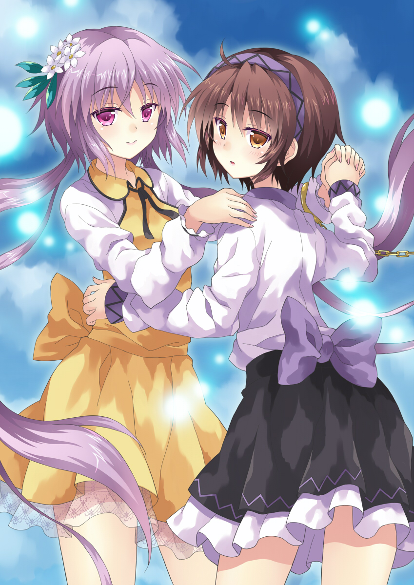 blue_sky brown_dress brown_eyes brown_hair cloud day dress flower hair_flower hair_ornament hairband highres holding interlocked_fingers long_hair long_sleeves looking_at_viewer looking_back multiple_girls purple_eyes purple_hair rasahan shirt siblings sisters skirt sky smile touhou tsukumo_benben tsukumo_yatsuhashi very_long_hair