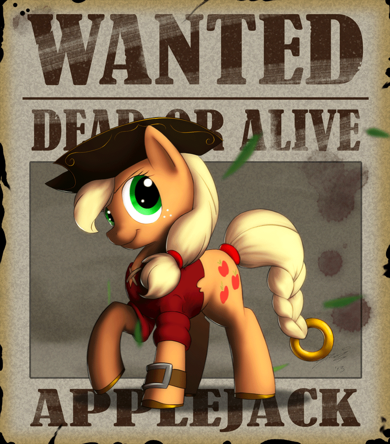 animated applejack_(mlp) bracelet clothing cutie_mark equine female feral freckles friendship_is_magic gold green_eyes hat horse jewelry leaves lionheartcartoon mammal my_little_pony pirate_hat pony ring shirt solo wanted_poster