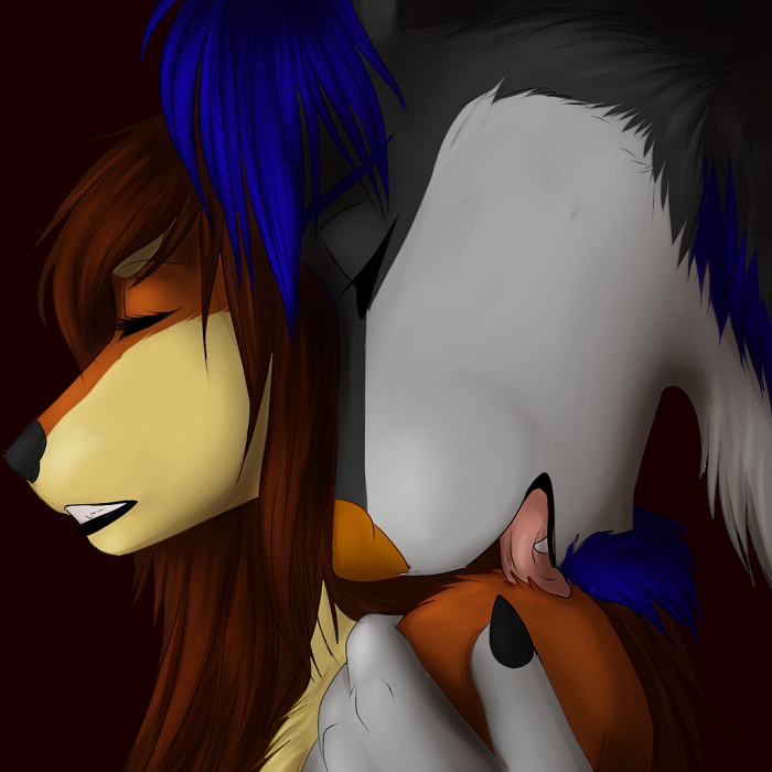 akita anthro black_claws black_fur blue_fur blue_hair brown_fur canine claws couple dog emotion female fur grey_fur hair hashire licking long_hair love male mammal shoulder straight teeth tongue wolf zekestar