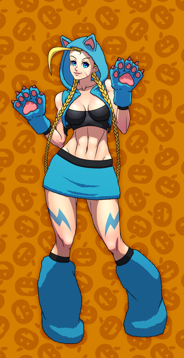 bare_shoulders blonde_hair boots breasts cammy_white capcom cat_paws claws collarbone halloween highres hood hoodie josef_axner large_breasts midriff navel paws pumpkin smile solo street_fighter street_fighter_ii tatoos tattoo twinmtails twintails