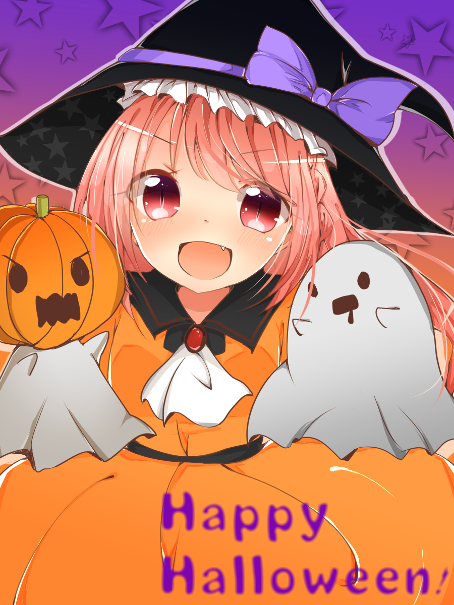 amaou_(rin_0107) halloween hat highres original pink_hair red_eyes short_hair solo witch_hat