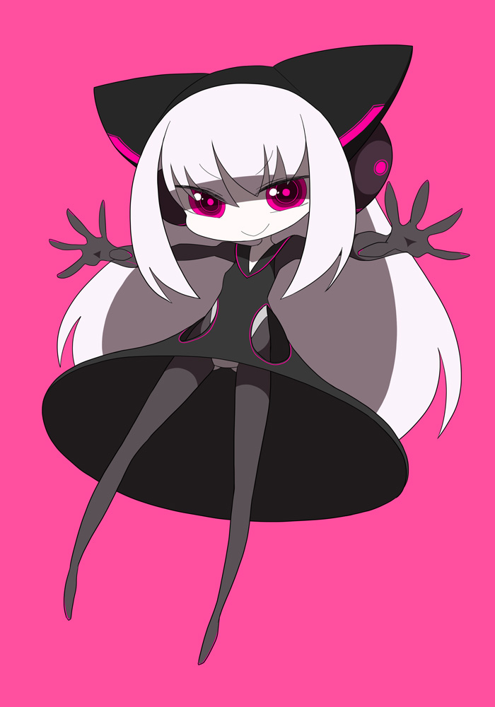 black_dress black_legwear bodysuit chibi dress electro_alice ken_(koala) long_hair neon_trim original outstretched_arms pink_background red_eyes simple_background smile solo spread_arms spread_fingers very_long_hair white_hair