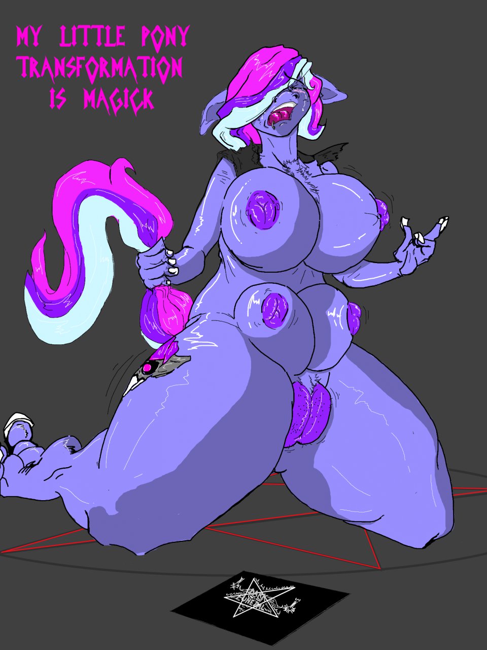anthro black_metal breast_expansion breasts clothing crotch_expansion equine female forgemaster18 hair mammal multi-colored_hair multi_breast my_little_pony nipples purple_skin pussy satanic taking_it_too_far teats torn_clothing transformation wide_hips
