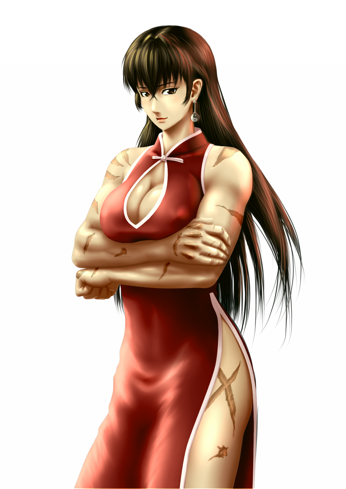 alternate_costume bare_arms bare_shoulders black_hair breasts brown_eyes china_dress chinese_clothes cleavage cleavage_cutout covered_nipples crossed_arms dress earrings jewelry large_breasts lips long_hair looking_at_viewer m.u.g.e.n muscle muscular_female original red_dress scar sendai_hakurei_no_miko side_slit simple_background sleeveless sleeveless_dress solo taikyokuturugi thighs touhou white_background yin_yang yin_yang_earrings