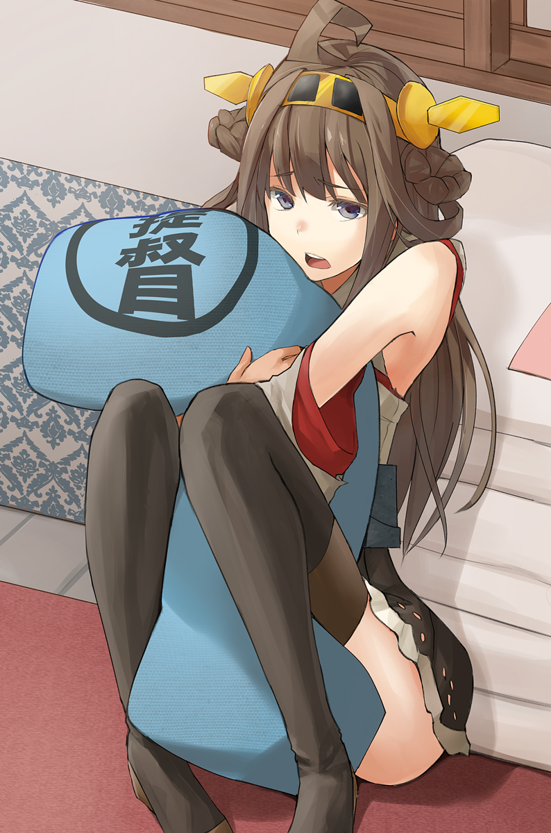 bad_id bad_pixiv_id boots brown_hair dakimakura_(object) hair_ornament highres japanese_clothes kantai_collection kongou_(kantai_collection) long_hair long_sleeves nontraditional_miko open_mouth pillow pillow_hug rane_(etsu) sitting solo teeth thigh_boots thighhighs translated very_long_hair wide_sleeves zettai_ryouiki
