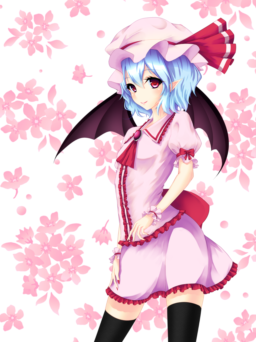 adapted_costume alpha_transparency arched_back ascot bat_wings black_legwear blouse blue_hair bow buttons collared_shirt dress floral_background frilled_dress frilled_shirt frilled_skirt frills hand_on_thigh hat hat_bow highres junior27016 large_bow looking_at_viewer mob_cap pink_shirt pink_skirt pointy_ears puffy_sleeves red_eyes remilia_scarlet ribbon shirt short_sleeves skirt skirt_set smile solo standing thighhighs touhou white_background wings wrist_cuffs zettai_ryouiki