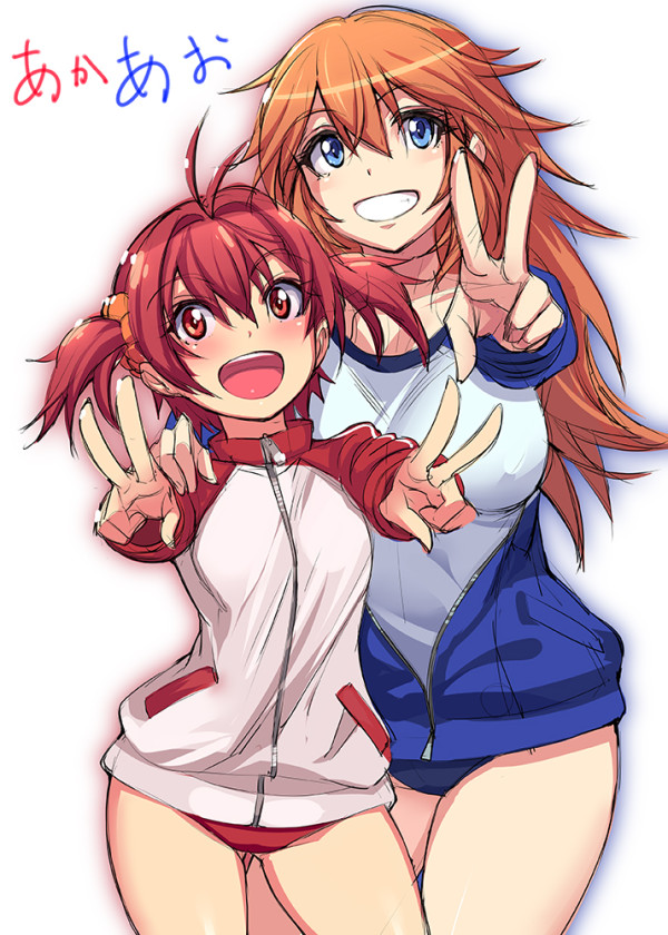 :d blue_buruma blue_eyes brown_hair buruma charlotte_e_yeager creator_connection crossover double_v grin gym_uniform hand_on_another's_shoulder isshiki_akane jacket long_hair michairu multiple_girls open_mouth orange_hair red_buruma red_eyes scrunchie smile strike_witches track_jacket unzipped v vividred_operation world_witches_series