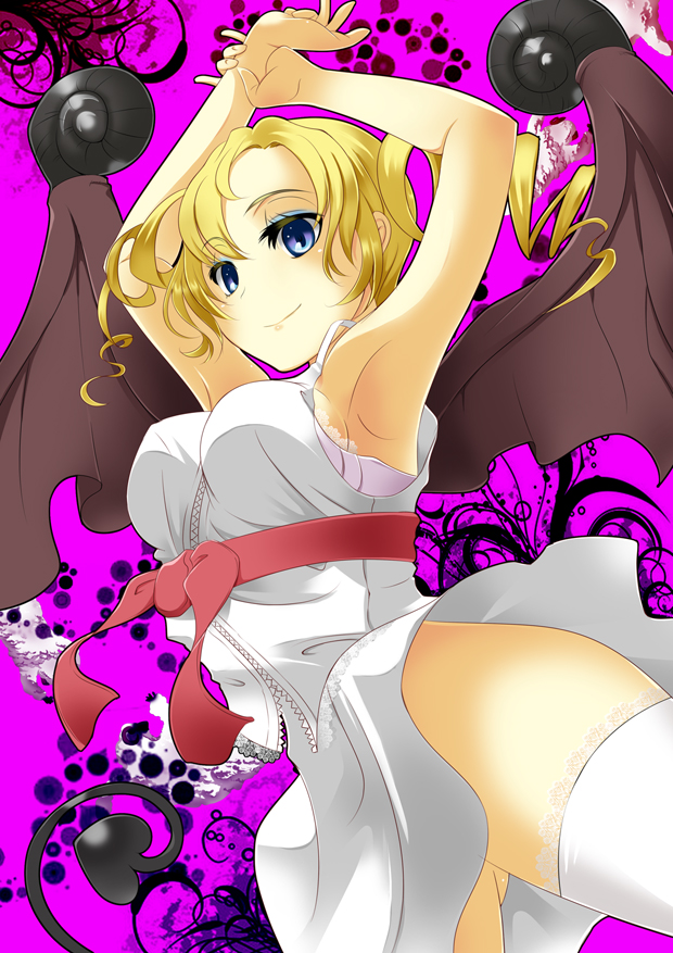 1girl armpits arms_up bat_wings blonde_hair blue_eyes breasts catherine catherine_(game) demon_girl drill_hair solo succubus tail tamo_(tamokuteki_kuukan) thighhighs twin_drills twintails wings