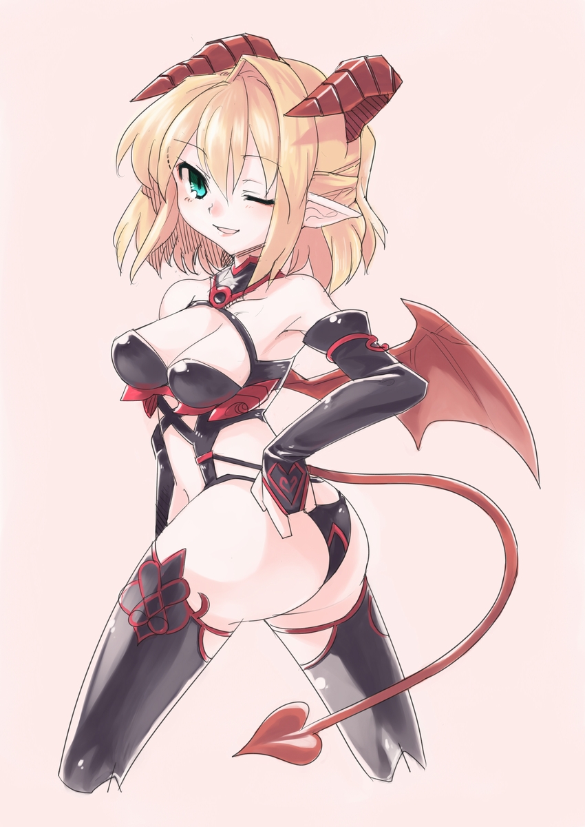 alternate_costume ass bare_shoulders beige_background black_legwear blonde_hair blush breasts bridal_gauntlets cleavage colorized demon_girl demon_tail demon_wings detached_sleeves green_eyes harness highres hinomoto_madoka horns looking_at_viewer medium_breasts mizuhashi_parsee one_eye_closed open_mouth pointy_ears shibatenko short_hair simple_background solo succubus tail thighhighs touhou wings