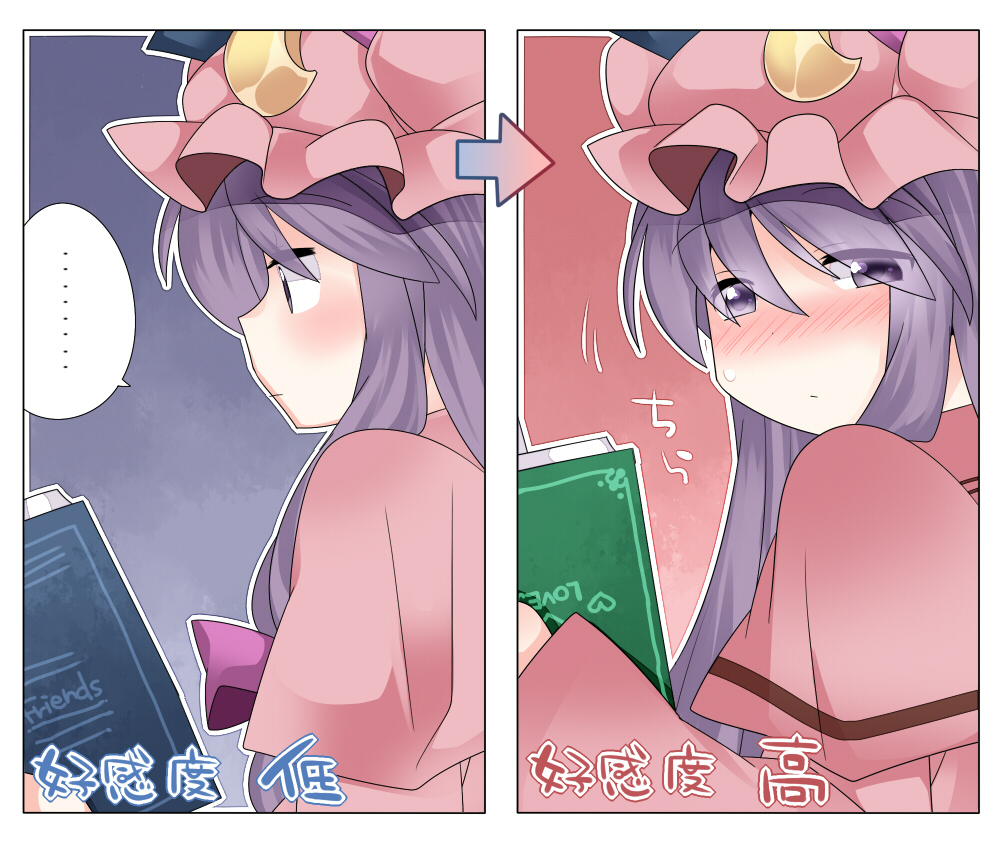 1girl blush book capelet chart crescent directional_arrow hammer_(sunset_beach) hat long_hair looking_at_viewer mob_cap multiple_views patchouli_knowledge purple_eyes purple_hair reading touhou translated upper_body