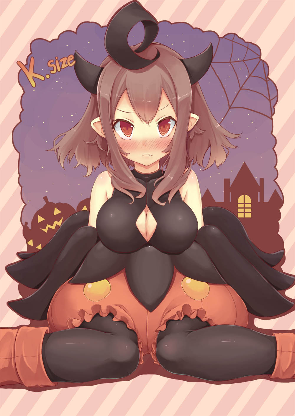 ahoge black_legwear blush boots breasts brown_hair cleavage_cutout fang gen_6_pokemon highres horns large_breasts pantyhose personification pointy_ears pokemon pumpkaboo pumpkin red_eyes silk sleeveless snowcanvas solo spider_web