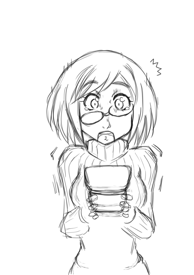 1girl commentary_request crooked_eyewear greyscale handheld_game_console haraitei lineart monochrome nikki_(swapnote) nintendo_3ds open_mouth ribbed_sweater short_hair solo swapnote sweater tears turtleneck
