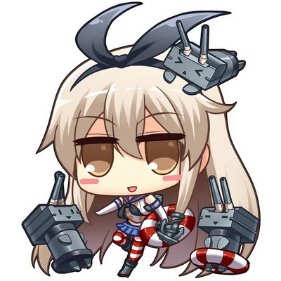&gt;_&lt; =_= anchor blonde_hair blush_stickers chibi closed_eyes elbow_gloves gloves hair_ornament hair_ribbon hitsuki_rei innertube kantai_collection long_hair looking_at_viewer lowres machinery open_mouth rensouhou-chan ribbon shimakaze_(kantai_collection) solo striped striped_legwear thighhighs turret yellow_eyes