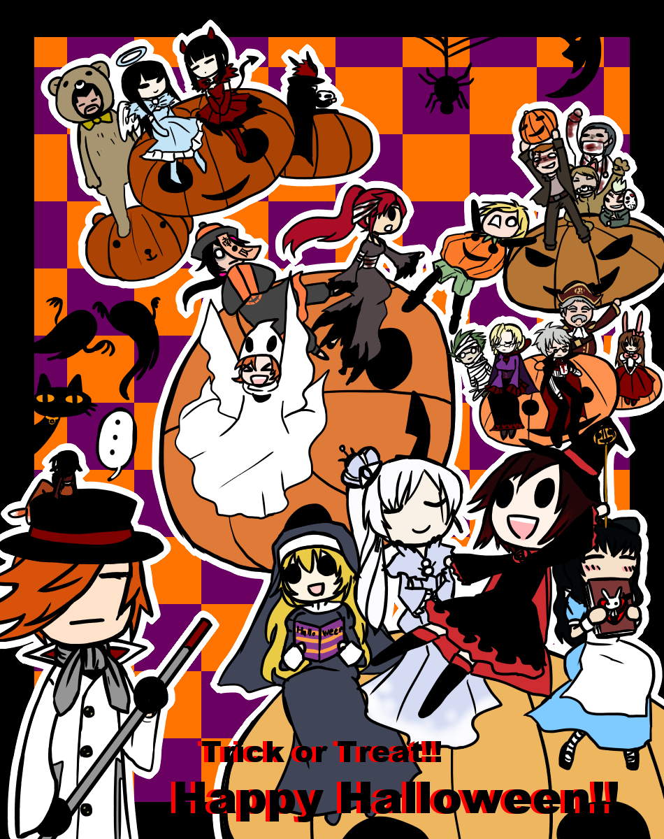 animal_costume bad_id bad_pixiv_id bartholomew_oobleck bear_costume blake_belladonna cardin_winchester cinder_fall dove_bronzewing english everyone ghost_costume glynda_goodwitch halloween halloween_costume happy_halloween hat hei_junior_xiong highres jack-o'-lantern jaune_arc kairui lie_ren melanie_malachite miltiades_malachite multiple_boys multiple_girls nora_valkyrie pantyhose peter_port professor_ozpin pumpkin pyrrha_nikos roman_torchwick ruby_rose russel_thrush rwby sky_lark trick_or_treat vampire_costume velvet_scarlatina weiss_schnee witch_hat yang_xiao_long