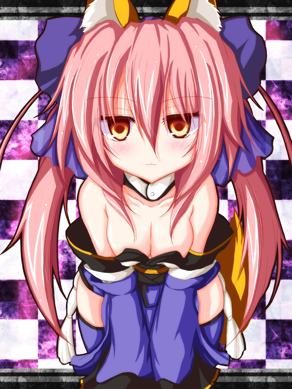 :3 animal_ears bare_shoulders blush breasts checkered checkered_background cleavage detached_sleeves fate/extra fate_(series) fox_ears fox_tail hair_ribbon highres japanese_clothes karasawa@ leaning_forward long_hair looking_at_viewer medium_breasts pink_hair ribbon solo tail tamamo_(fate)_(all) tamamo_no_mae_(fate) thighhighs twintails yellow_eyes