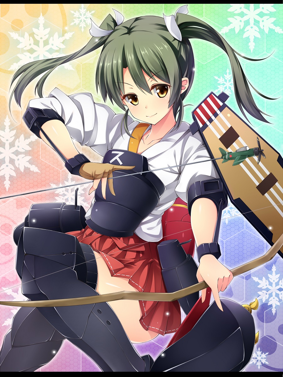 arrow blush boots bow_(weapon) bracelet fingerless_gloves flight_deck gloves greaves green_hair hair_ribbon highres honeycomb_(pattern) honeycomb_background jewelry kantai_collection kuragari long_hair muneate rainbow_background ribbon single_glove skirt smile solo thigh_boots thighhighs twintails weapon yellow_eyes zuikaku_(kantai_collection)