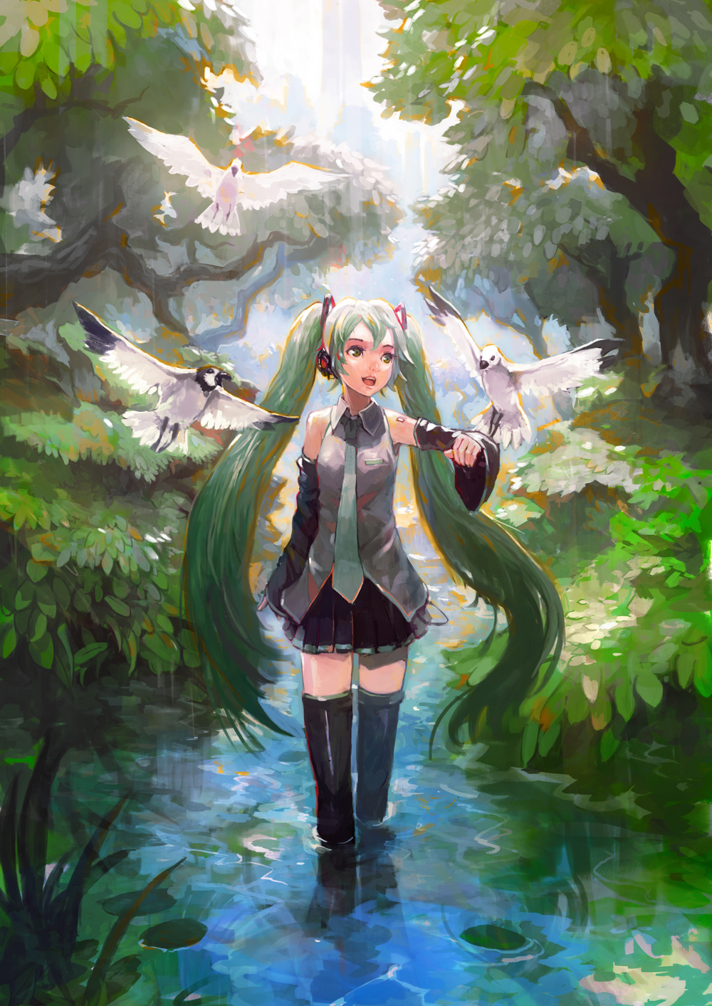 andrian_gilang bad_id bad_pixiv_id bird boots detached_sleeves green_hair hatsune_miku headphones highres long_hair necktie open_mouth skirt solo thigh_boots thighhighs tree twintails very_long_hair vocaloid wading water