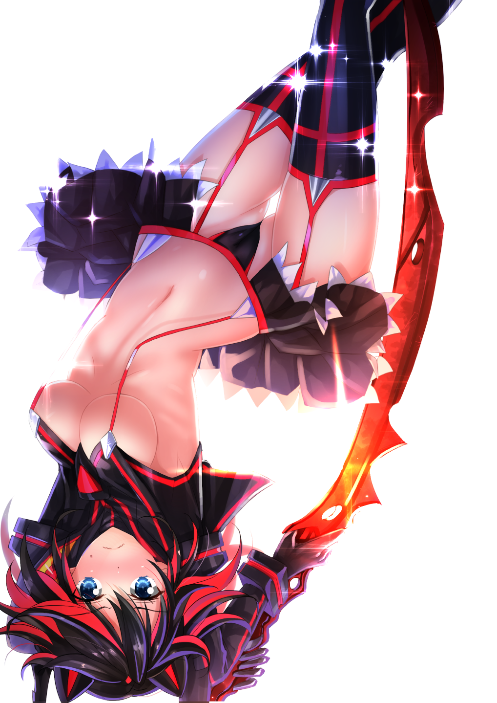 bad_id bad_pixiv_id black_hair blue_eyes blush breasts cleavage frown highres horns kill_la_kill looking_at_viewer matoi_ryuuko medium_breasts midriff multicolored_hair navel red_hair revealing_clothes scissor_blade senketsu shiny shiny_skin short_hair simple_background skirt sparkle suspenders sweatdrop sword swordsouls thigh_gap thighhighs two-tone_hair underboob upside-down wavy_mouth weapon wedgie white_background