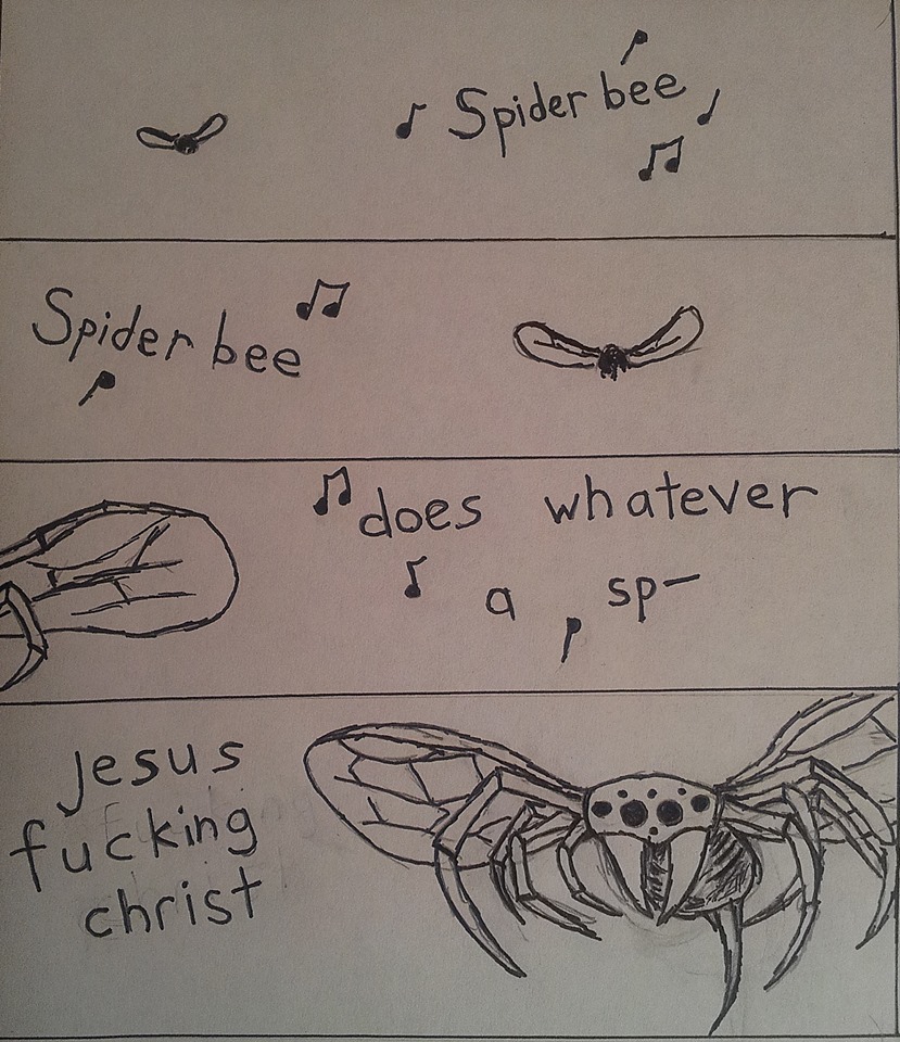 arthropod bee comic fly flying humor hybrid insect musical_note nightmare_fuel song spider spider_bee test what what_has_science_done where_is_your_god_now