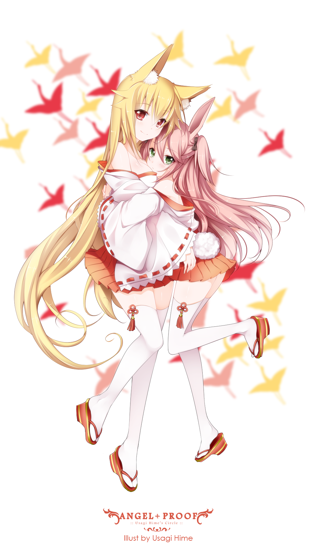 animal_ear_fluff animal_ears blonde_hair blush bow breasts bunny_ears bunny_tail fox_ears fox_tail green_eyes hair_bow highres hug japanese_clothes long_hair long_sleeves looking_at_viewer medium_breasts miko multiple_girls off_shoulder original pink_hair red_eyes sandals short_twintails smile tail thighhighs twintails usagihime white_legwear wide_sleeves zettai_ryouiki