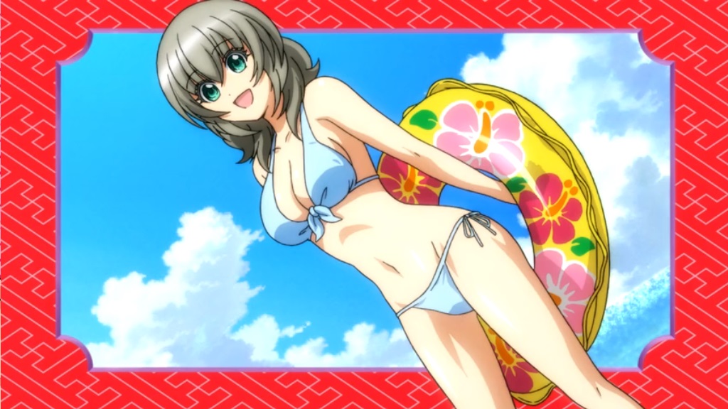 1girl bikini binbougami_ga! breasts green_eyes grey_hair innertube large_breasts sakura_ichiko screencap short_hair solo swimsuit