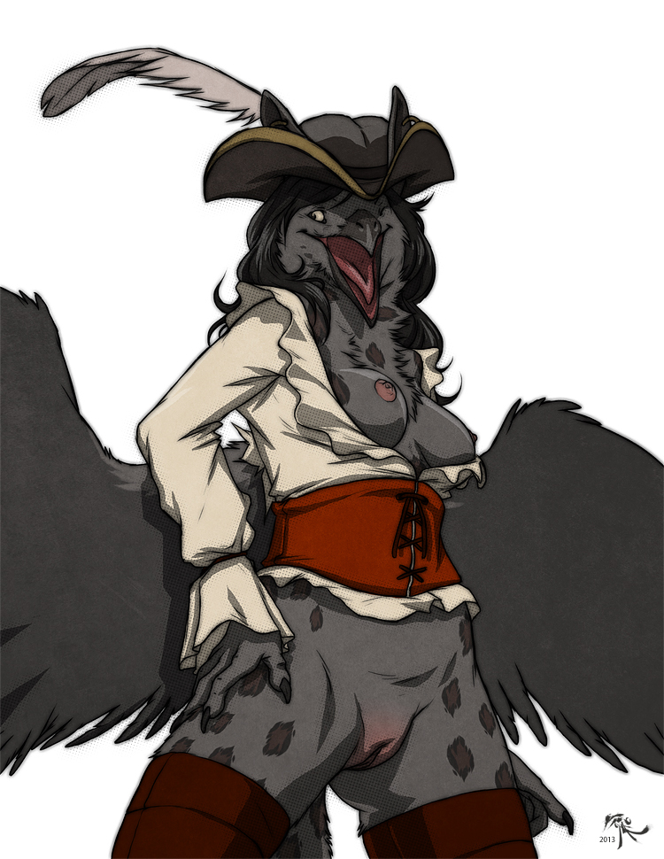 avian avoid_posting blush boots bottomless breasts female gryphon hat kaji open_mouth pirate plain_background pussy shirt_open solo thigh_high_boots white_background