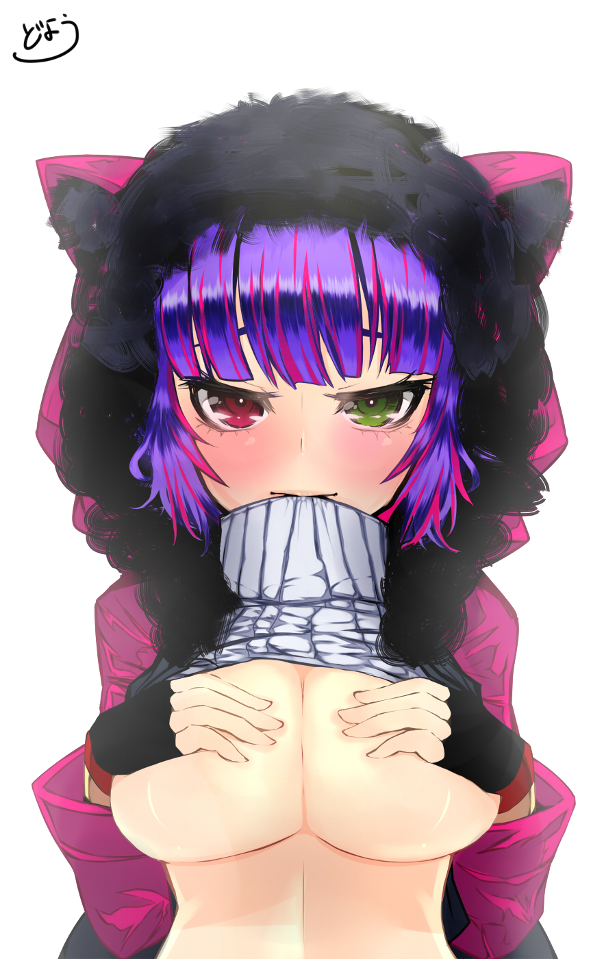 animal_hood blush breasts cat_hood clothes_lift covering covering_breasts doyouwantto fingerless_gloves gloves green_eyes heterochromia highres hood hoodie large_breasts looking_at_viewer original purple_hair red_eyes ribbed_sweater simple_background solo sweater sweater_lift white_background