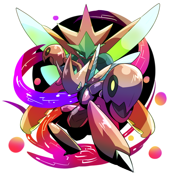 bad_id bad_pixiv_id blue_eyes claws creature dual_persona gen_2_pokemon horns insect_wings mega_pokemon no_humans pokemon pokemon_(creature) pose scizor wings yellow_eyes